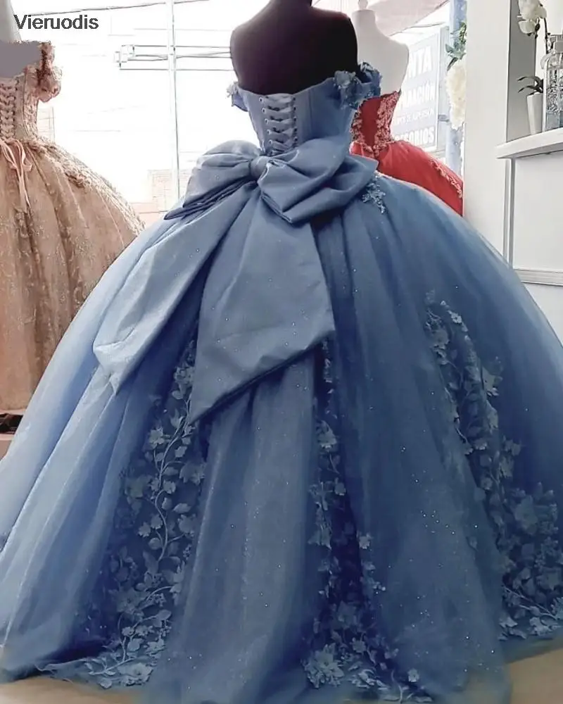 Vestidos Quinceanera azuis sexy para meninas, vestido de baile, apliques, nó laço, espartilho longo, vestido de festa, 15 anos, 2023