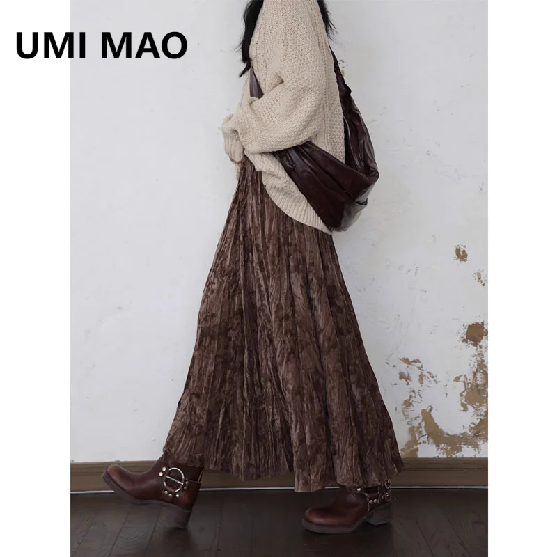 UMI MAO High Waist Skirt Retro New Chinese Printed Folded Thick Velvet A-line Umbrella Women's Long Elastic Skirt Versatile