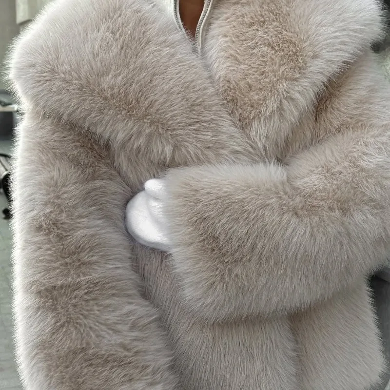 Chaqueta corta de piel sintética marrón para mujer, chaqueta peluda holgada lisa con solapa grande, abrigo de felpa grueso y cálido y esponjoso, zorro sintético de lujo elegante 2025