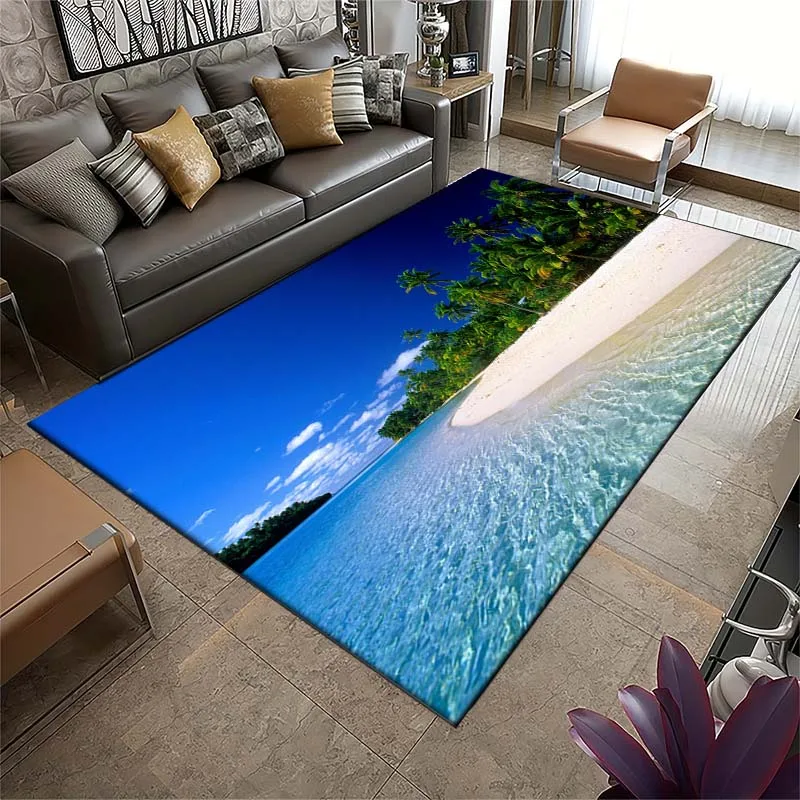 Palm Tree Sea Beach 3D Carpet Living Room Sofa Table Rug Soft Sponge Bedroom Bedside Rug Dining Carpet Rug for Bath Decoration