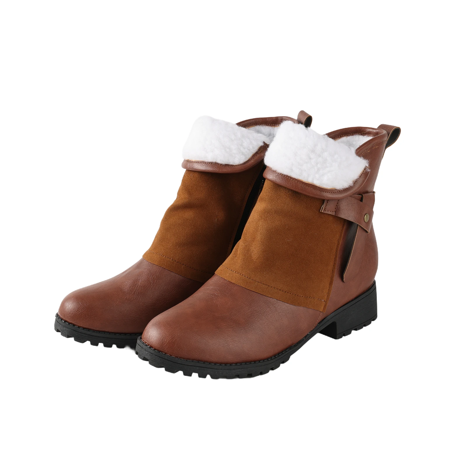 النساء الرجعية دراجة نارية أحذية بوت قصيرة مع مبطنة بالصوف الدافئة الكلاسيكية حذاء من الجلد المضادة للانزلاق ومقاومة للاهتراء سميكة وحيد