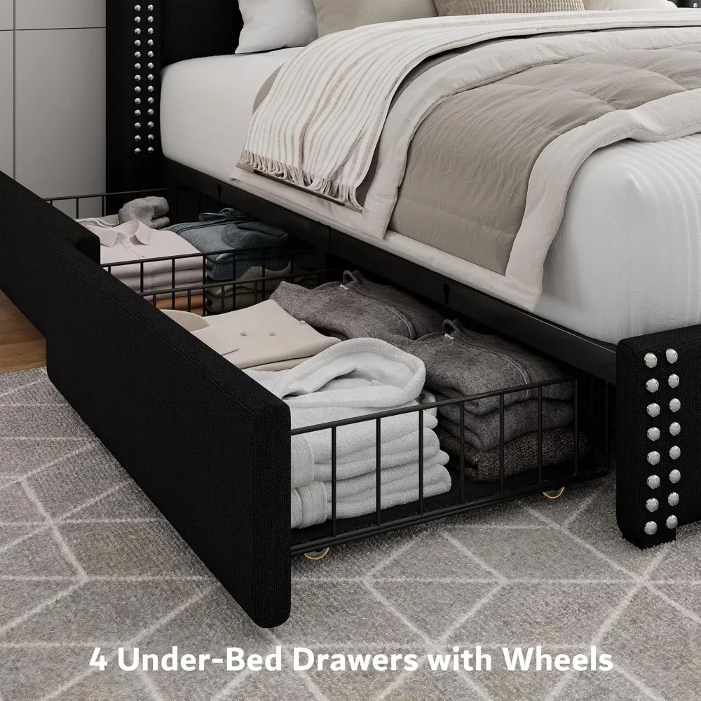 إطار سرير iPormis بحجم كينج مع 4 أدراج تخزين، وسرير منجد مع محطة شحن، ودعم شرائح خشبية صلبة،