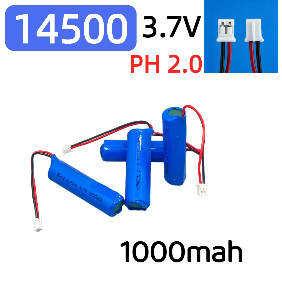 14500 3,7V 1000mAh 14500 Li-Ionen-Akku mit PH2.0-Stecker für tragbare elektronische Geräte, Anschluss für Taschenlampen und Spielzeug