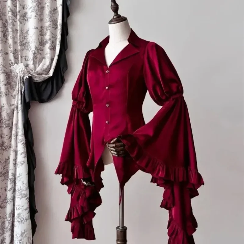 

2025 New Mujer Harajuku Vintage Lolita V-neck Blouses Slim Fit Shirts Women Y2k Flare Sleeve Ruffles Black Blusas yi;4