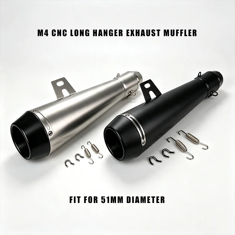 51mm Stainless Steel M4C Long Hanger Exhaust Muffler – Universal Slip-On Silencer for Motorcycle Racing, Deep Tone Performance P