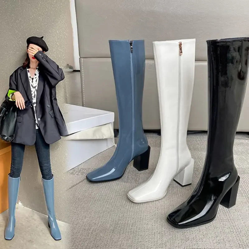 Blue Winter Knee High Shaft Square Toe White Long Footwear Shoes for Women Elegant Heeled Ladies Heels Boots