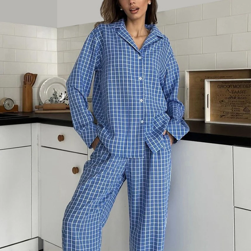 

Autumn Plaid Pyjama Simple Long-sleeved Trousers Sets For Women's Home Clothes Sleepwear Women's Pajamas Breathable Nightwear