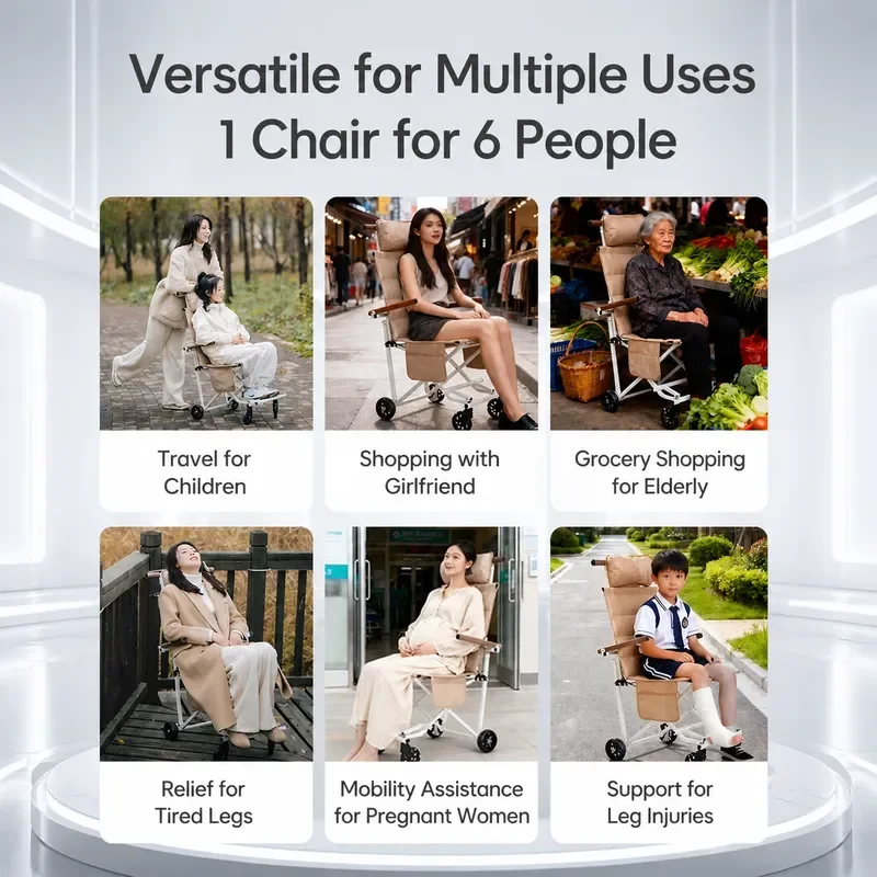 Portable Folding Travel Cart with Seat Lightweight Hand Push Trolley Fits Car Trunk Mobility Scooter for Elderly Shopping