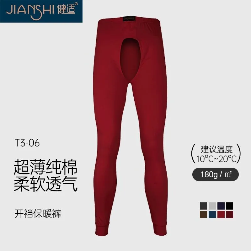 

Autumn Winter Front Open Crotch Men's Long Johns Leggings Cotton Plus Size Mid-Waist Pants