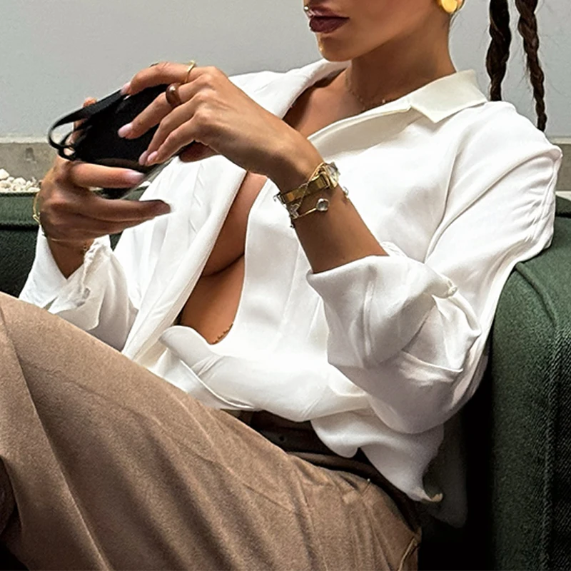 

BKLD Chic Sexy Deep V-neck Long Sleeved Draped Lapel Women Blouse 2025 Spring Autumn Versatile Personalized Club Commuting Shirt