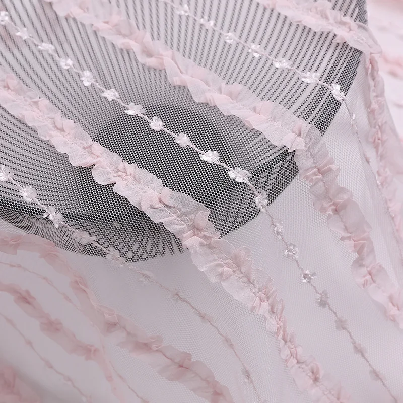 3D Ruffle Striped Tulle Mesh Fabric Beaded Embroidered Net Fabric for Wedding Dress Bridal Veil Tutu Skirt DIY Sewing