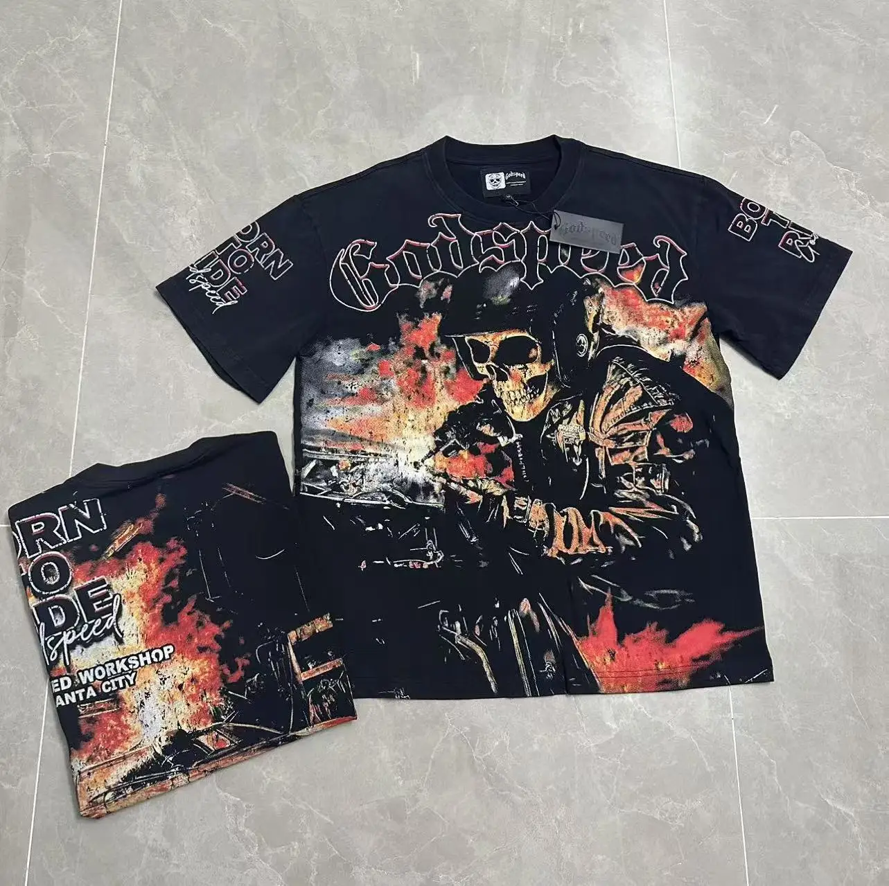 Godspeed Vintage Washed Cotton Short Sleeve T-Shirt Skeleton Print High Street Style Youthful Fashion Unisex Basic Fit Tee