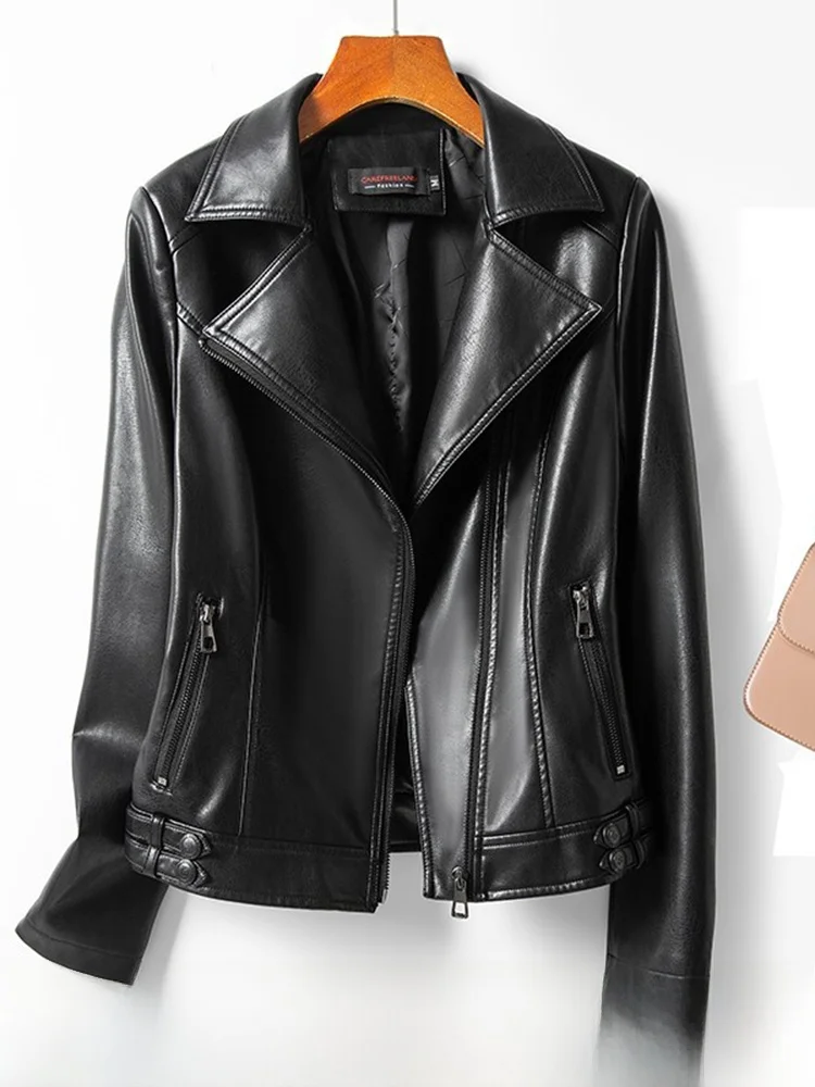 Real Leather Biker Jaet Women's ort Sle Spring Autumn New Model Bla Cool And Sli Lamb Skin Coat for Ladies