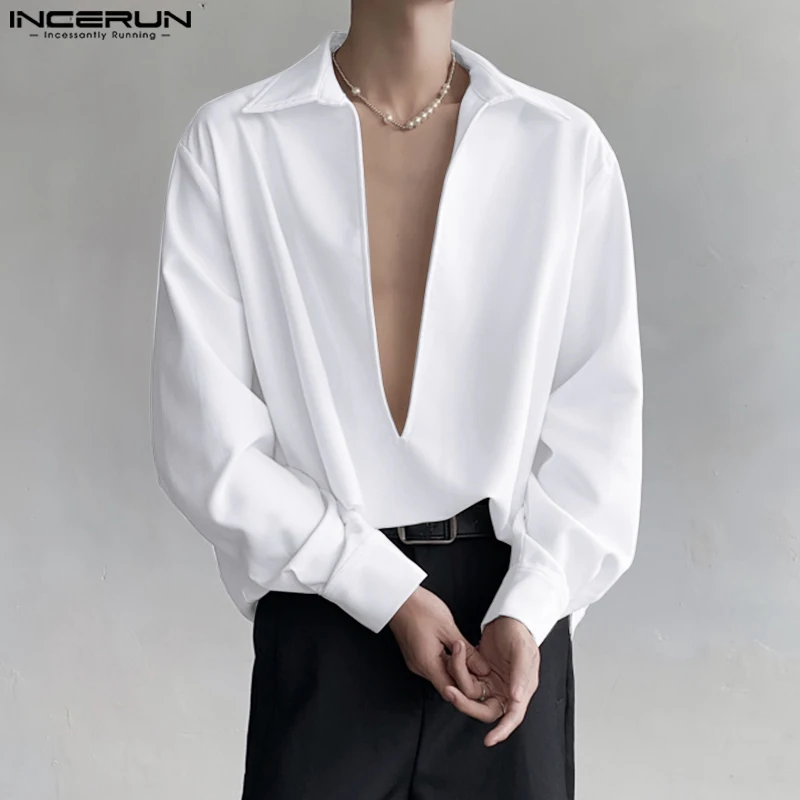 

INCERUN Tops 2024 Handsome New Men Personality Large V-neck Shoulder Pad Design Shirts Solid All-match Long Sleeved Blouse S-5XL