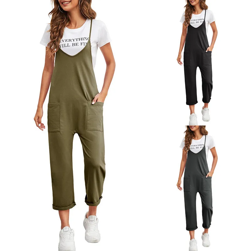 

2024 New Y2K Plus Size 3XL Casual Loose Jumpsuit Women Summer Solid Straps Baggy Pants Bib Overalls Jumpsuits Streetwear Romper