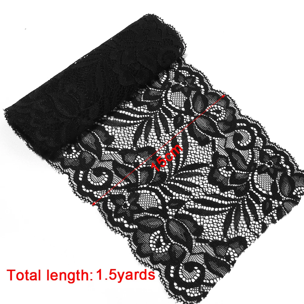 1,5 Yards 15 cm Buntes, elastisches, dehnbares Spitzenband mit hohlem Blumenmuster, Spitzenbesatz zum Nähen von Brautkleidern und DIY-Kopfschmuck – Detail 1