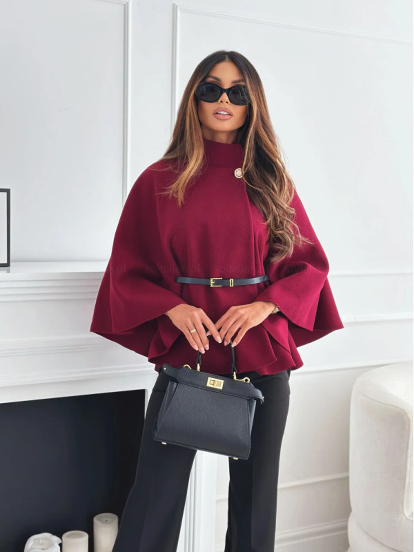 

Elegant Burgundy Cape Coat with Belted Turtleneck Shawl Design Women Loose Fit Warm Cozy Outerwear for Fall Winter Multi Color