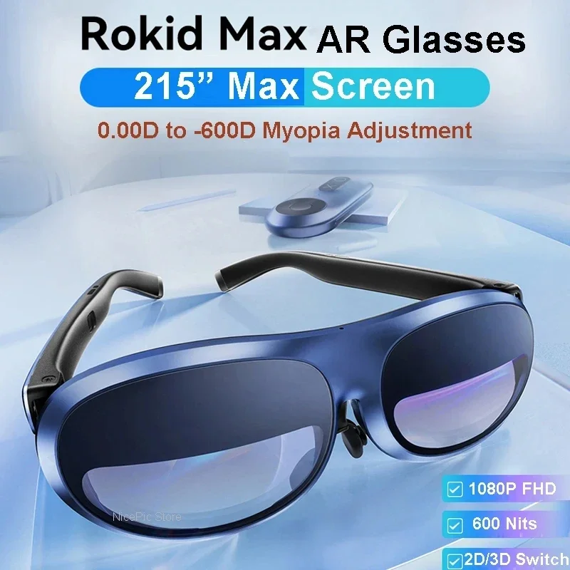 Rokid Max AR Glasses 215'' Max Screen 1080P FHD Micro-OLED 0.00D To -6.00D Myopia Adjustment 2D/3D Free Switching