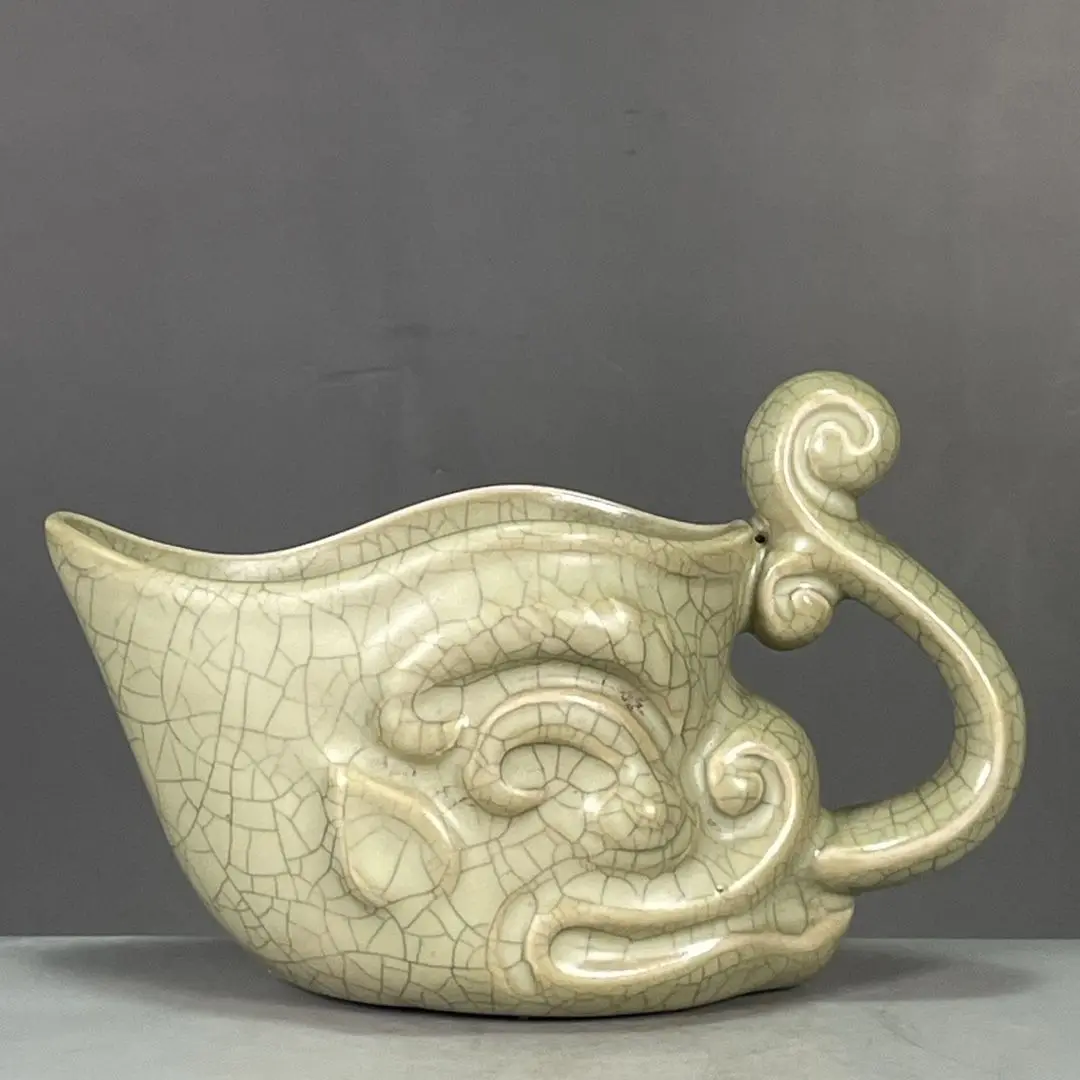 Ceramic Ornament, Song Dynasty Ru Kiln Porcelain Vessel with Gold & Iron Wire Crackle Glaze, Beast-Head Zun Vase & Duke Wine Cup