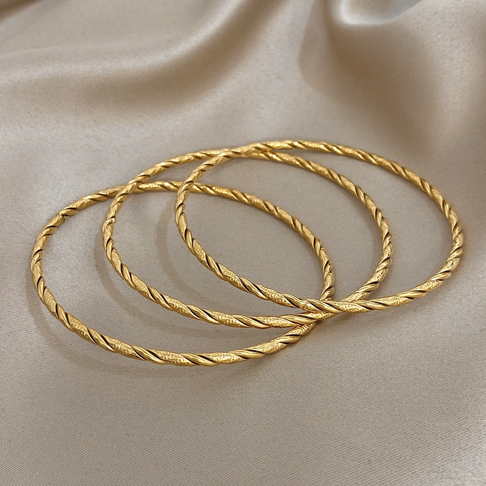 Freetry بسيط مكدسة الجولة الفولاذ المقاوم للصدأ الإسورة سوار المرأة الرجعية الذهب اللون الكفة رقيقة سوار مقاوم للماء اليد مجوهرات #4
