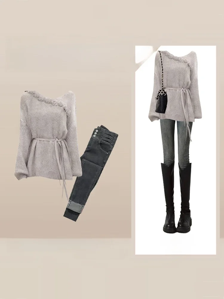 

Retro round Neck Knitted Sweater Women's Winter New 3D Flower Top Overhead Denim Pants Two-Piece Set Korean Style Slim Fit