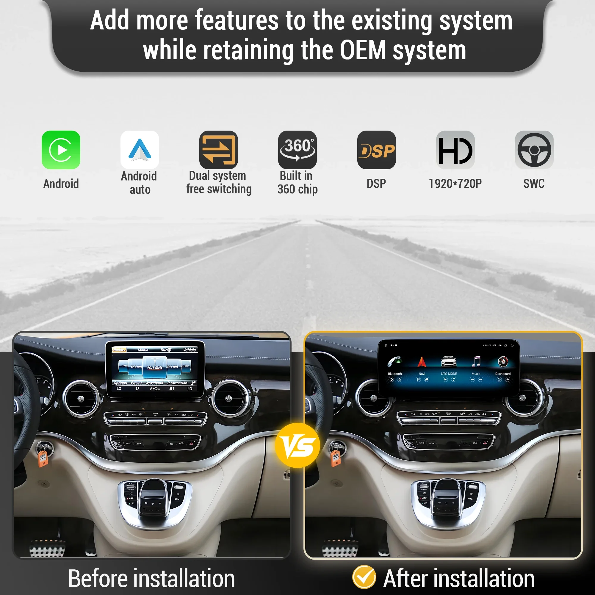 For Mercedes Benz V Class W447 V250 V260 V350 Car Radio Android 14 4G Wireless BT Carplay Snapdragon 680 Head Unit Touch Screen