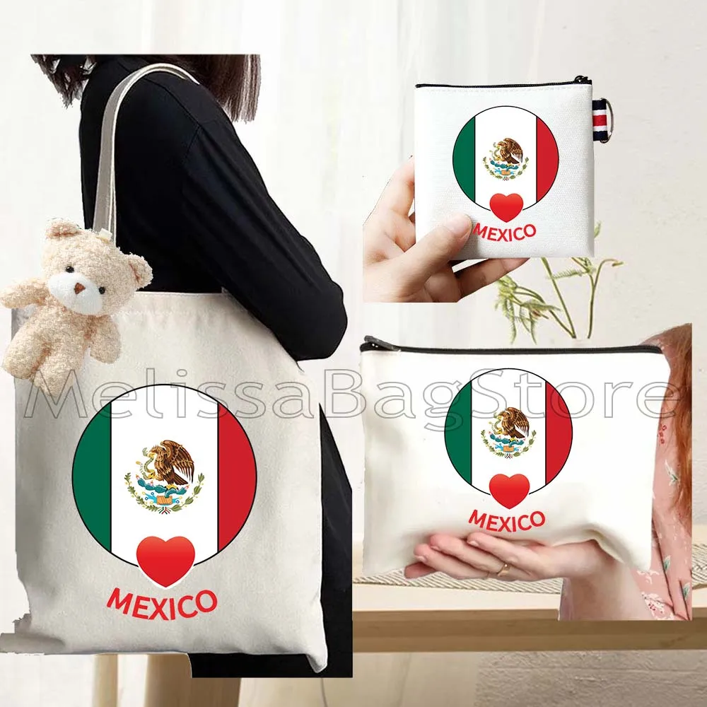 

4PCS Gifts Set Mexico Heart Flag White Canvas Tote Bag Handbag with Doll Key Coin Purse Cosmetic Makeup Toilet Bag Case Pouch