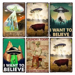 Metal Tin Retro Sign I Want to Believe in UFO Poster, Black Cat Poster, garag decor plate