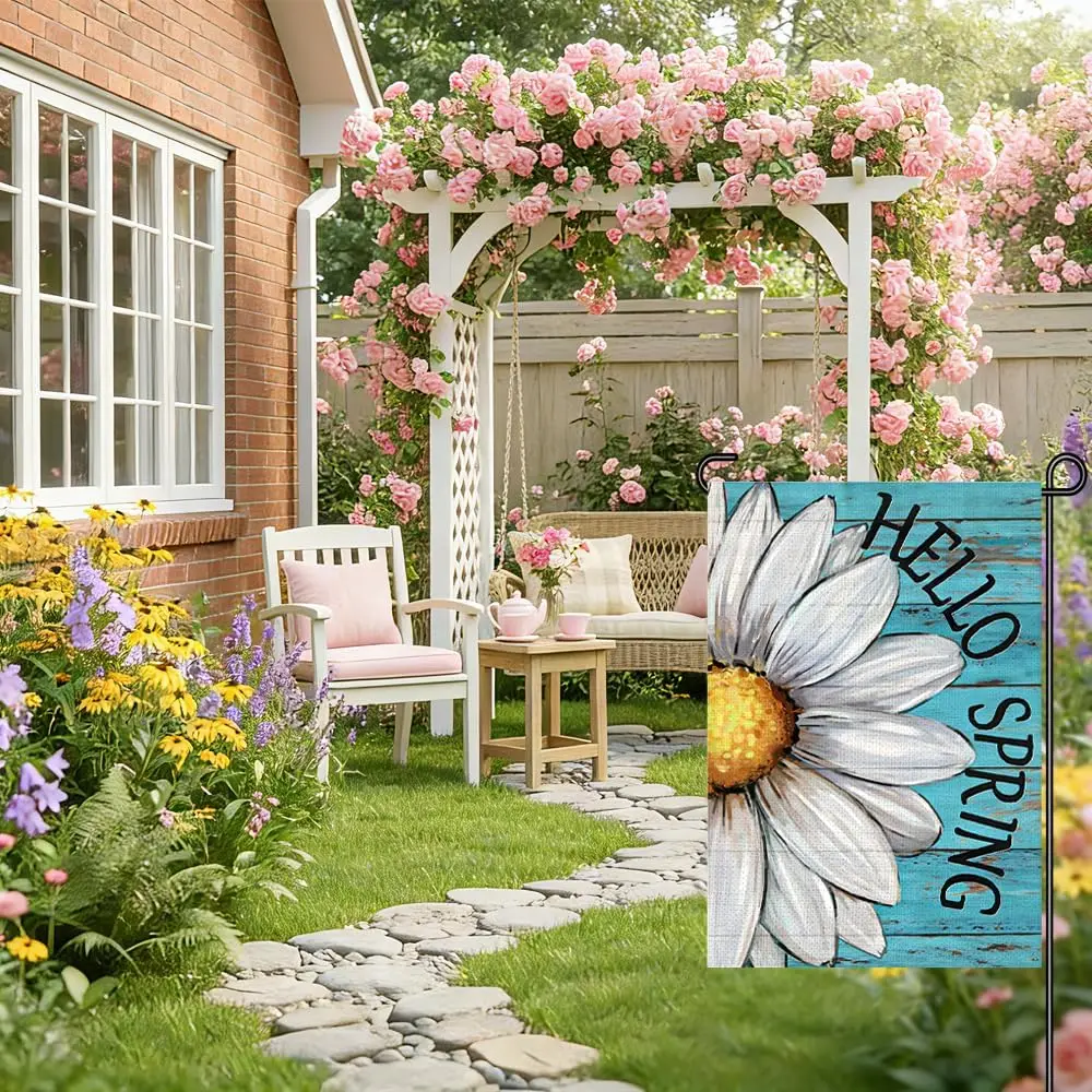 Spring Hello Garden Flag 12x18, Daisy Flower Rustic Blue Wood Yard Flag, Double Sided Burlap Hello Spring Outdoor Decor for  MMZ