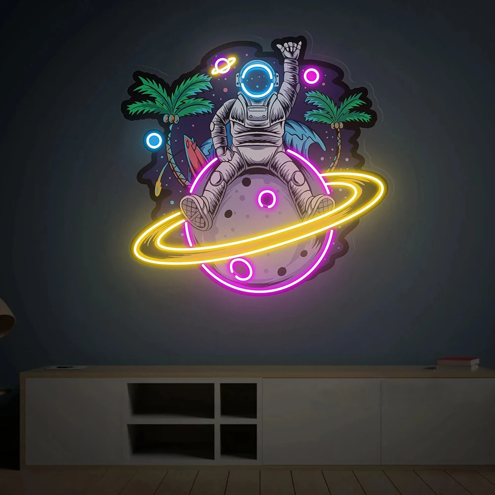 Astronaut sitzt auf dem Planeten LED-Neonschild Licht benutzerdefinierte Neonschilder Spielzimmer Dekor Wand Schlafzimmer Haus Raumschiff für Kinder Geschenk