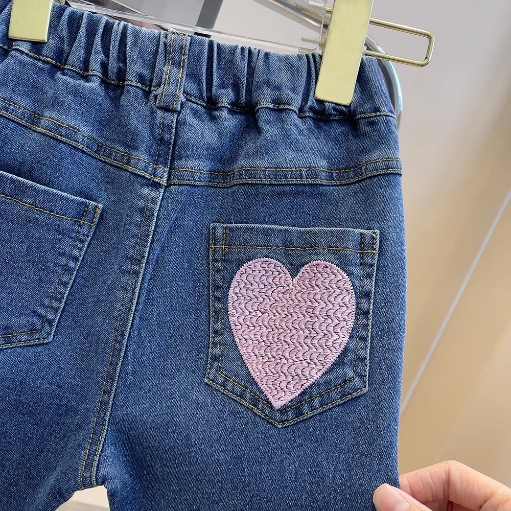 Kids Jeans for Girls 2-7Y Personality Fashion Pencil Trousers with Heart Pattern Elastic Waist Outing Casual Jeans