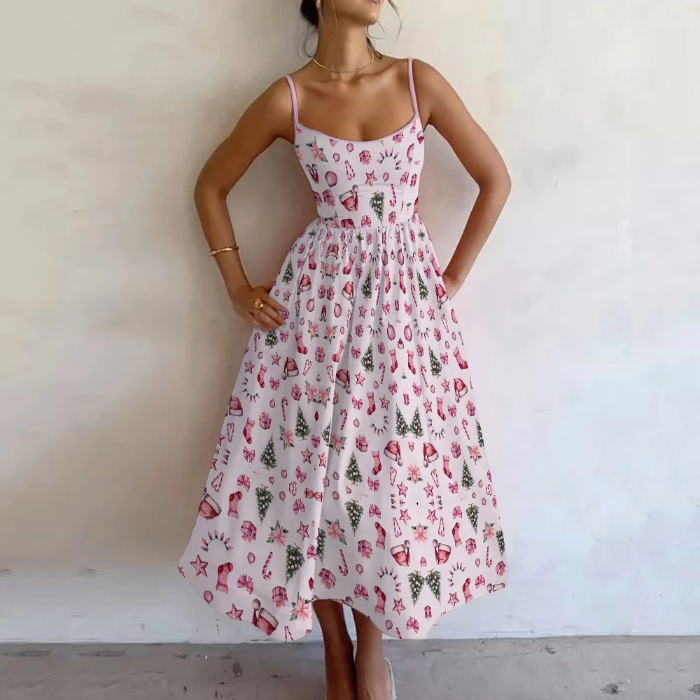 

Christmas Element Decorative Skirt Print Dress Women's Sundress Slim Shoulder Strap Puffy Skirt Fashion Strap Style Summer