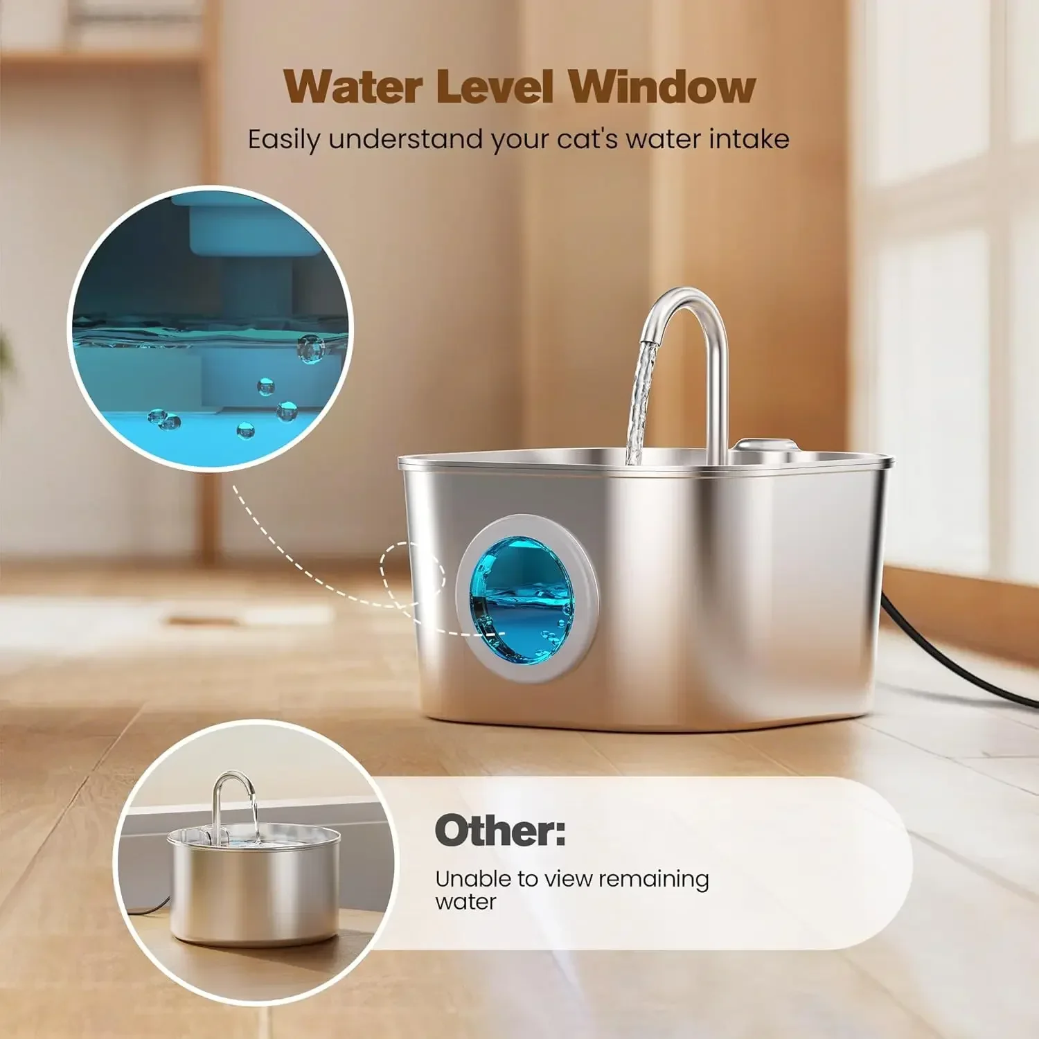 

2.2L Stainless Steel Cat Water Fountain Ultra Quiet Pet Water Dispenser with Replaceable Filter Pump Pet Drinking Bowl