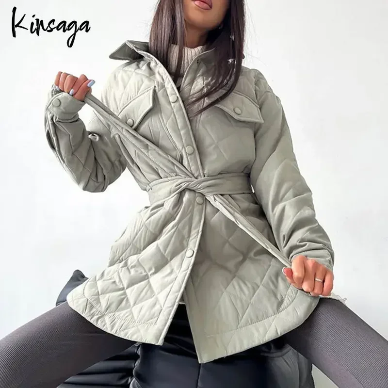 Women Oversized Quilted Jacket Coat Autumn Winter Ladies Lapel Single-breasted Belted Loose Padded Long Warm Plaid Outwear Tops