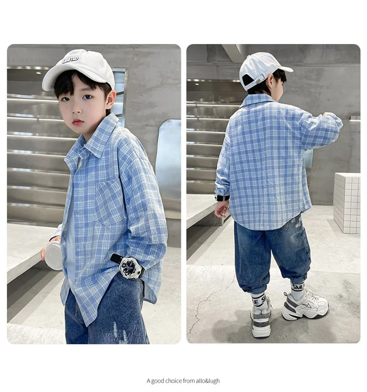 Neues Frühlings-Baumwoll-Langarmhemd für Jungen, Modische High-Street-Oberbekleidung, Oberteile für Teenager, Kariertes Streifenhemd, Alter 5-14 Jahre – Detail 20