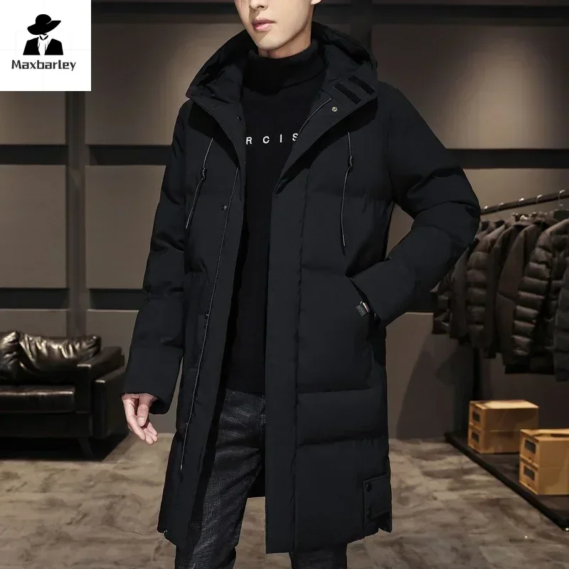 2024 Warm Hooded Mid-length Jacket Mens Casual Zip Up Cotton Padded Jacket Overcoat Autumn Winter Windbreaker Coats Men Clothing