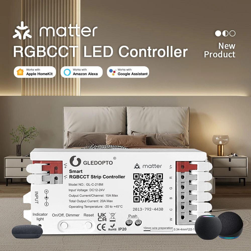 Matter WIFI RGBCCT Controller Smart LED Strip DC 12V 24V Dimmer Easy install Work with HomeKIT Alexa Google Siri Voice Control