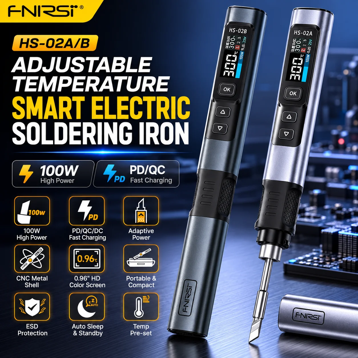 FNIRSI HS-02 PD 100W Intelligenter Lötkolben DC 20V100-450 ℃   Einstellbare Temperatur Keramikkern Schnellheizendes Tragbares Schweißreparatur-Werkzeugset