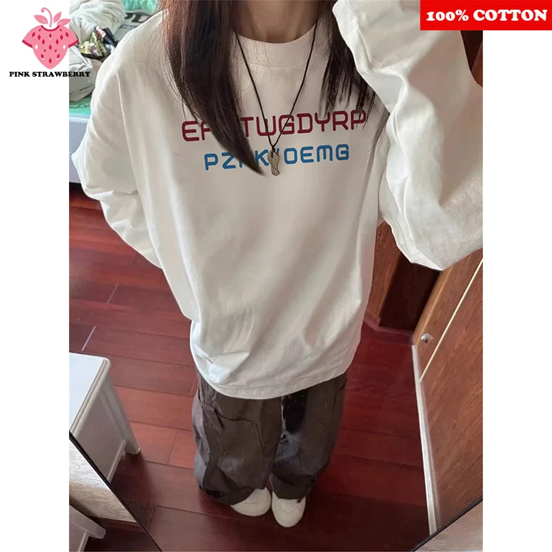 

American Letter Print Long sleeved T-shirt Women Autumn 2025 New 100% Cotton White Base Tee Loose Casual Y2k Top Female clothing