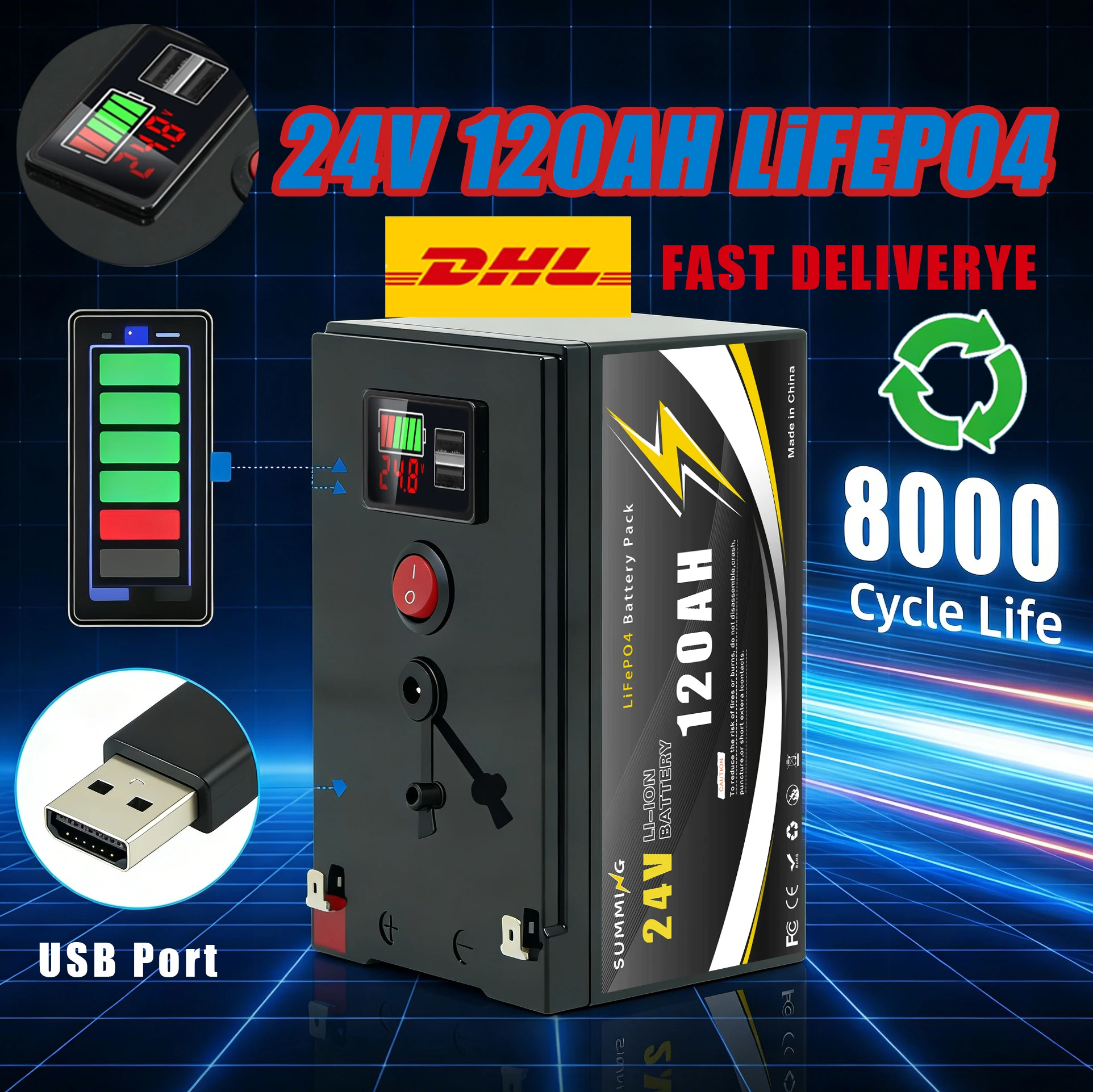 

High-Capacity 24V 120000mAH LiFePO4 Battery with Built-in BMS-Solution for Solar Panels, Motorhomes, Yachts&Backup Power