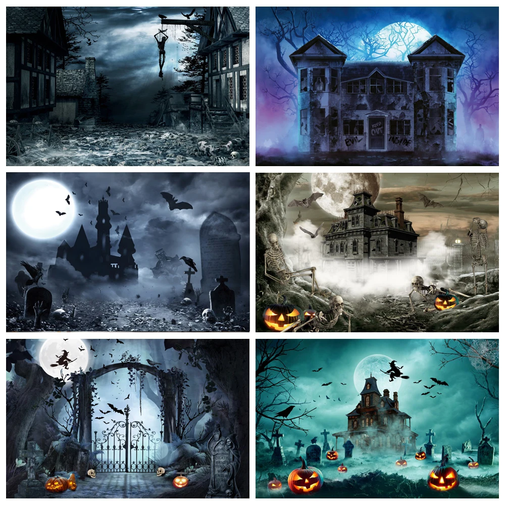 Photo Backdrop Old Dark Deserted Rural House Halloween Party Skeleton Scenic Child Kids Portrait Photo Background Photo Studio