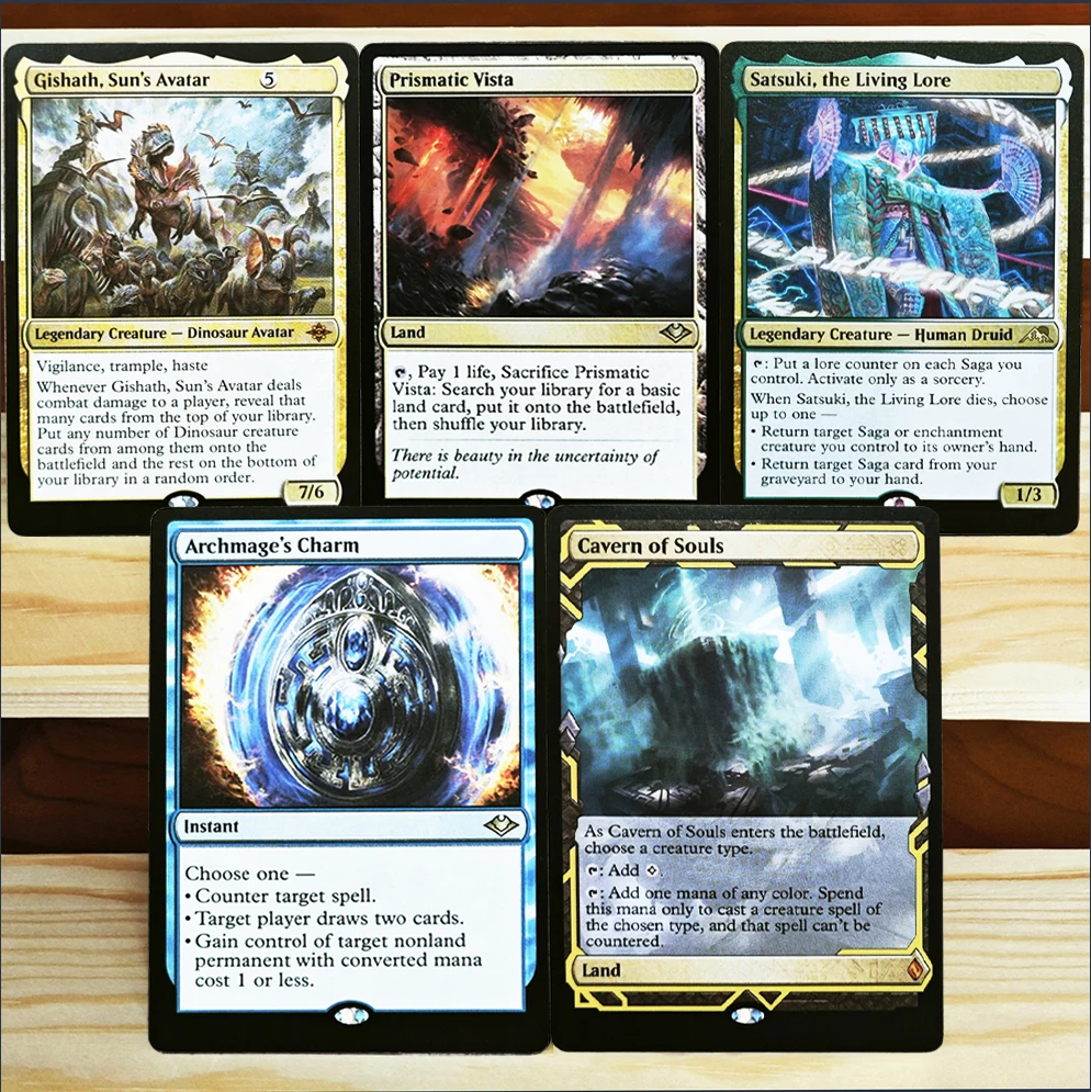 TCG Seltene Exklusive Magische Spielkarten - Gishath, Sonnen-Avatar/Prismatic Vista/Satauki, das Lebende Wissen/Archmages Charm/Cavern