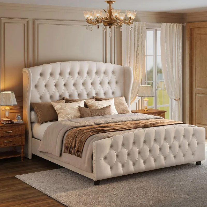 

King Upholstered Wingback Tufted Platform Bed Frame, Tall Cappuccino Beige Headboard & Footboard, Wooden Slats