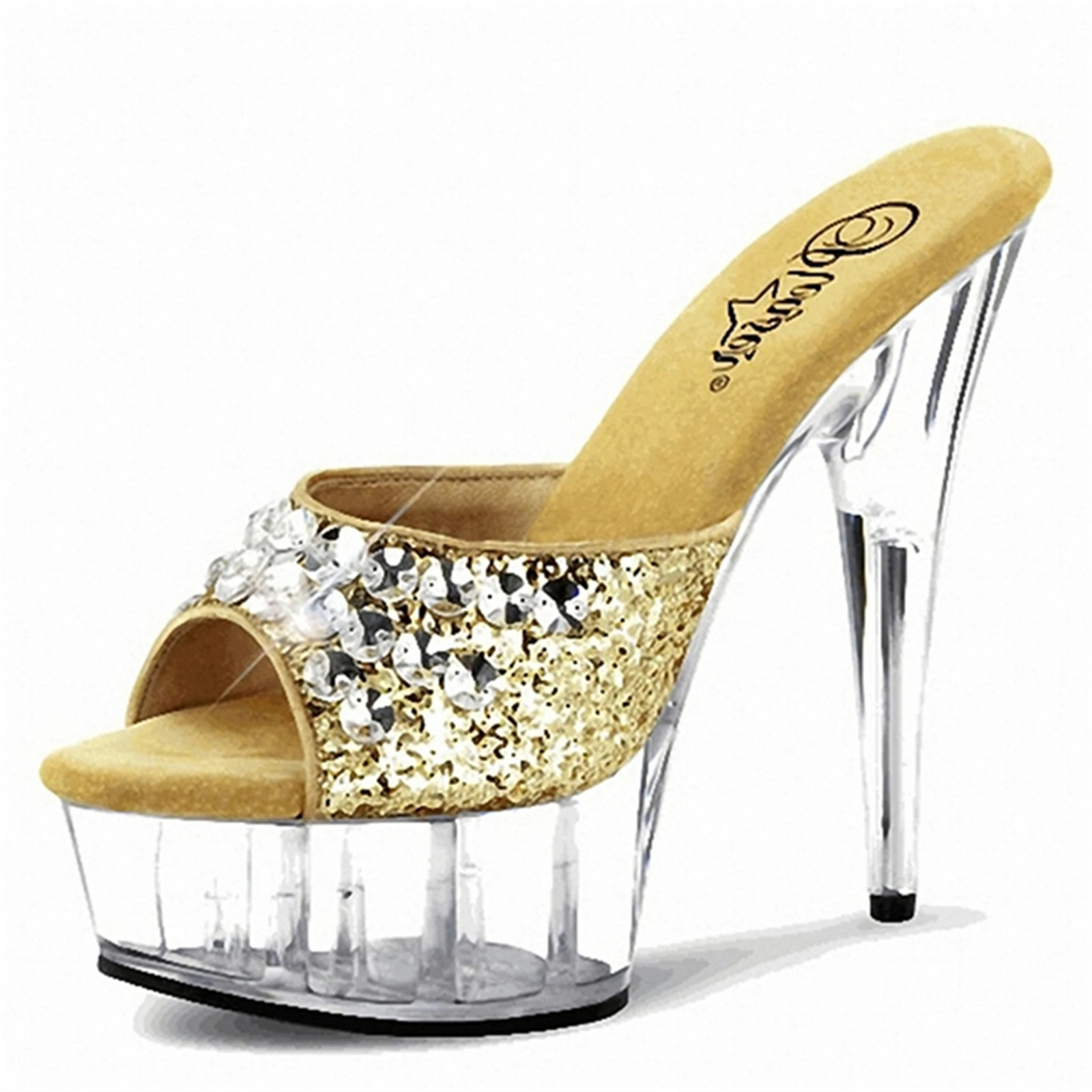 

​Glamorous Stage Heels 15CM, Gold Sequin Peep-Toe Mules with Crystal Strap, Red Carpet Statement Shoes​