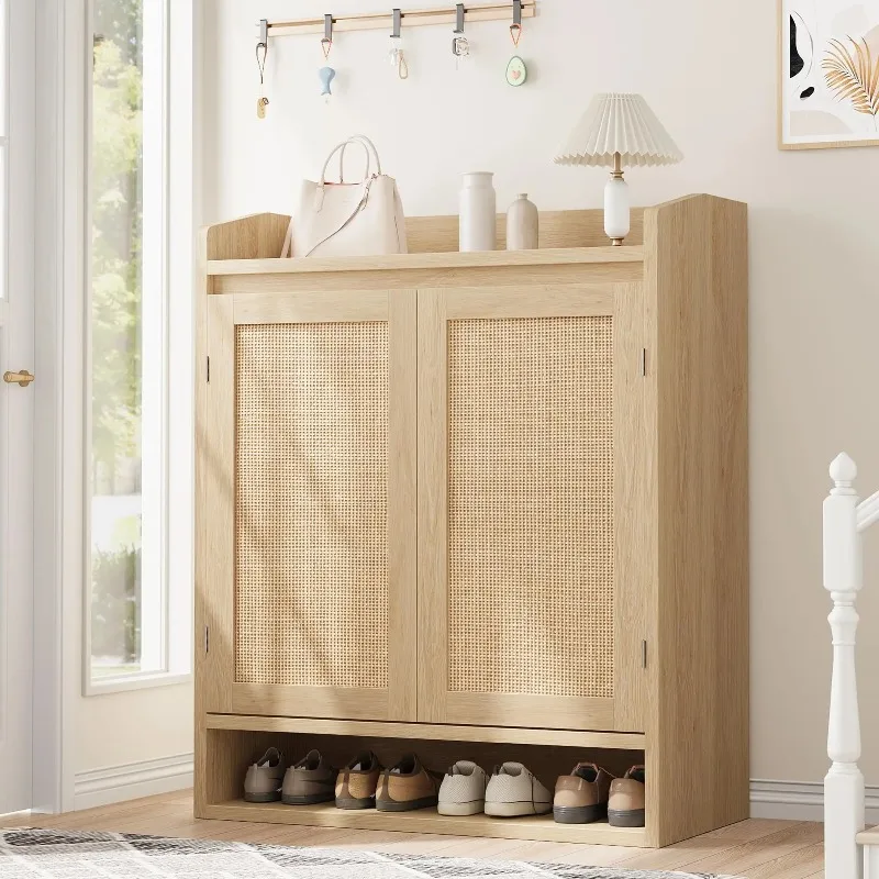 Wooden Shoe Cabinet For Home, Boho Shoes Organizer With 2 Rattan Door & 5 Adjustable Shelves For Entryway