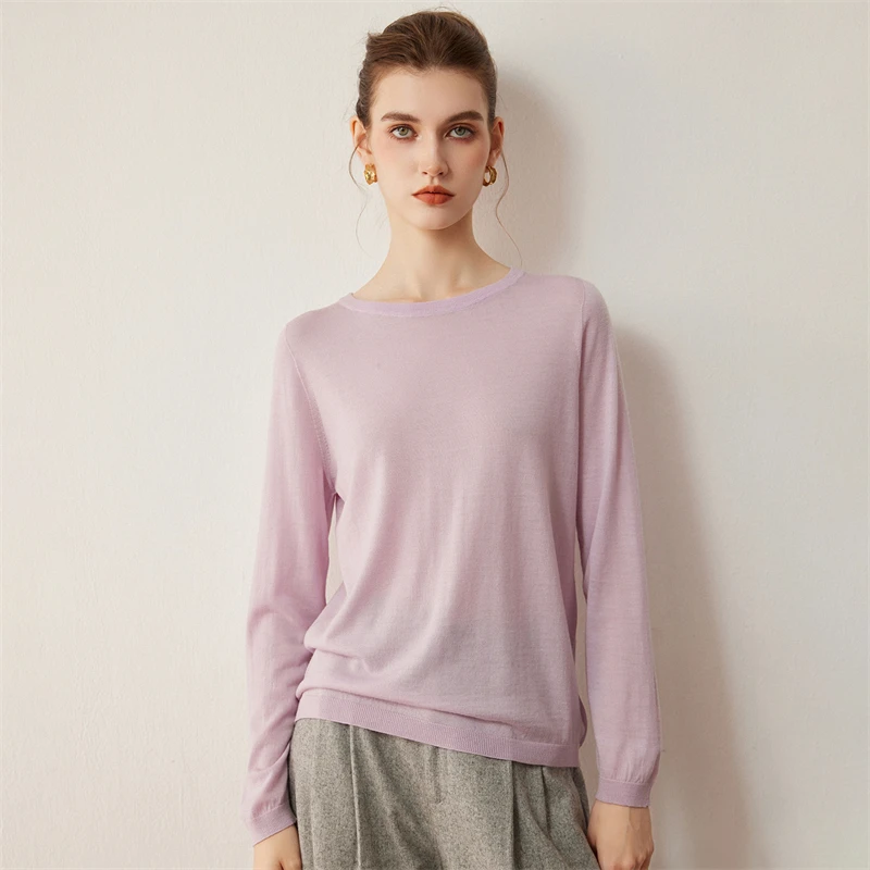 100 Percent Wool Sweater For Women Lightweight Pullover O Neck Long Sleeve Machine Washable Casual Pure Worsted Yarn Long Sleeve