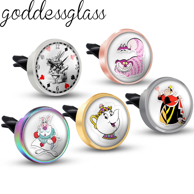 Alice en el país de las Maravillas gato conejo gorra reina foto aromaterapia decoración del coche Clip Perfume medallón accesorios aceite Perfume regalo llavero