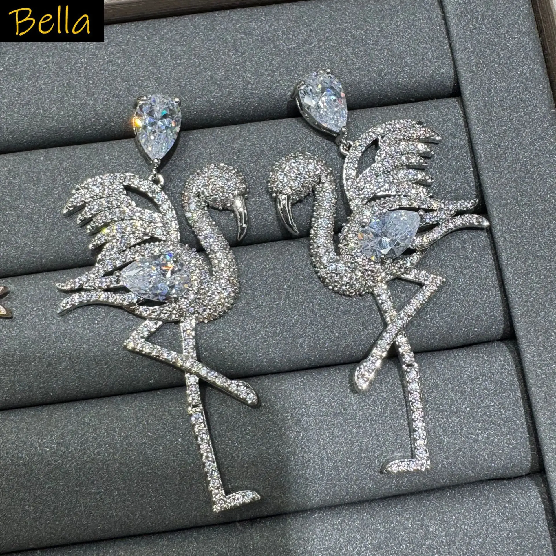 Cubic Zirconia Flamingo Drop Earrings for women sparkling Gold Silver plated Statement Jewelry for Banquet Party Gathering
