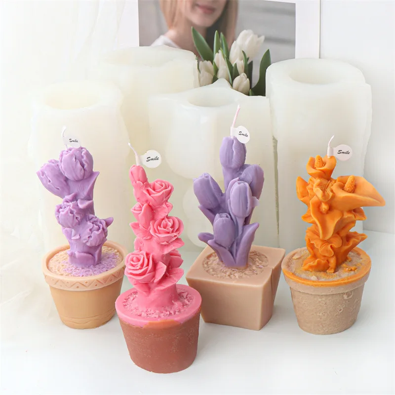 Rose Tulip Flowerpot Candle Silicone Mold Gypsum form Carving Art Aromatherapy Plaster Home Decoration Mold Gift Handmade