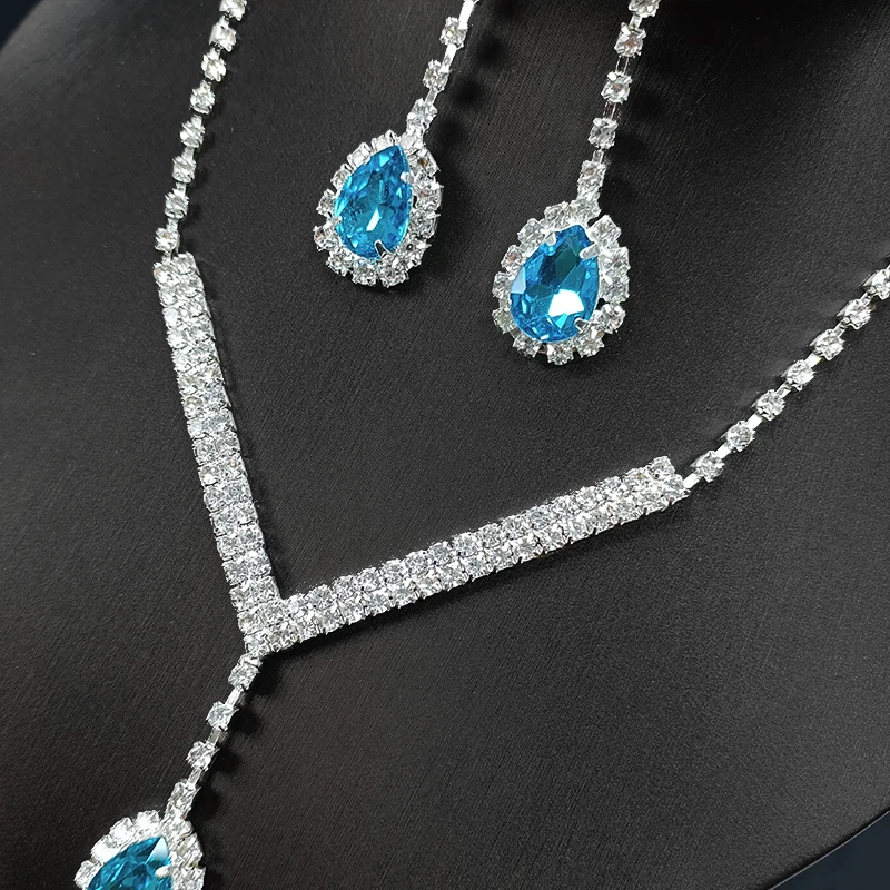 Fashion Romantic Blue Crystal Jewelry Set Wedding Banquet Birthday Accessories Women Elegant Luxury Jewelry Necklace Earring Set